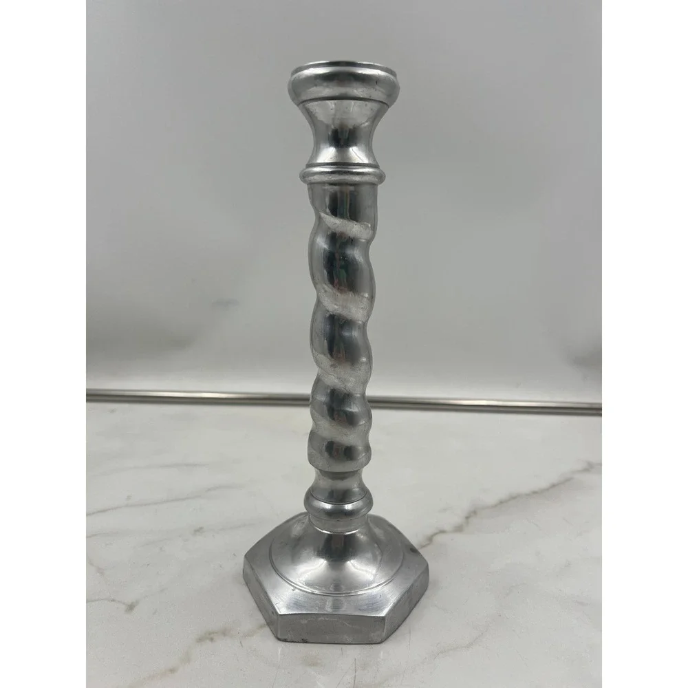 Vintage Pewter Barley Twist Candlestick Holder Hexagon Base 9.25 Inch Silver